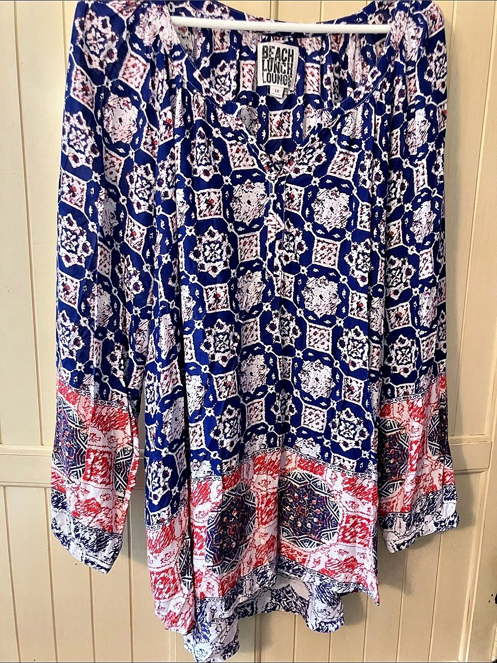 Beach Lunch Lounge Geometric Tunic in Blue & Red Size 1X